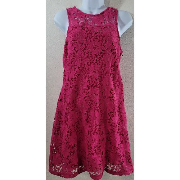 Decree Fuchsia Pink Crochet Lace Overlay Fit Flare Mini Dress Medium Lightweight - Picture 1 of 7